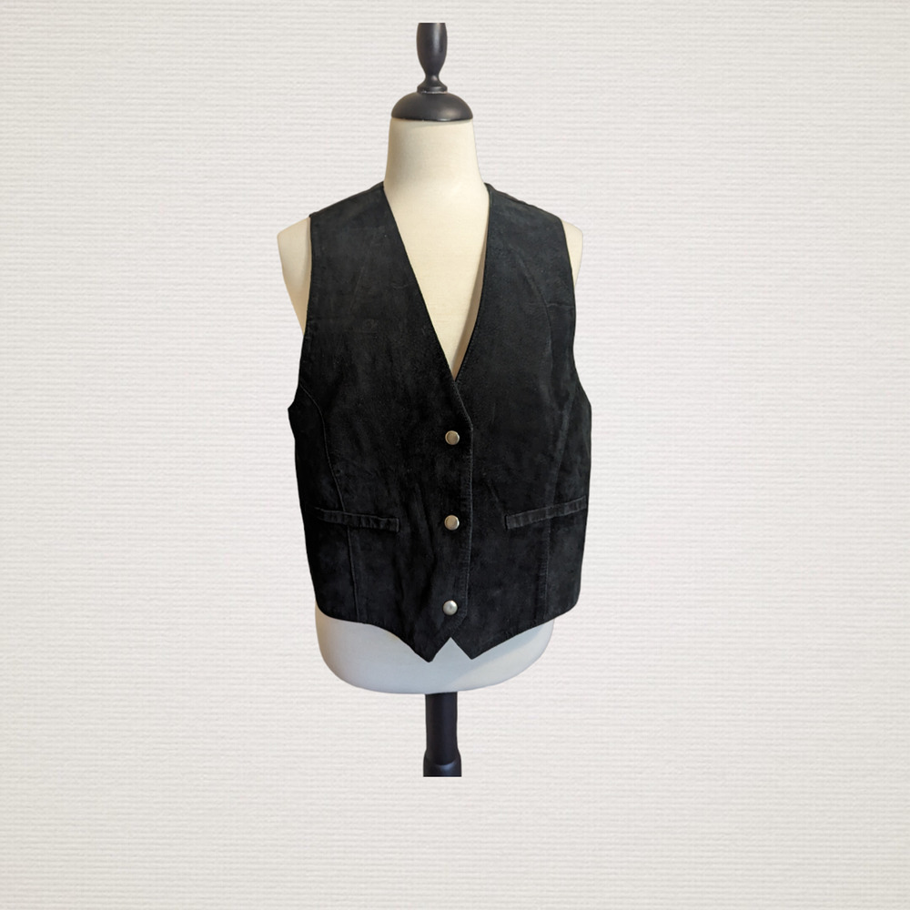 Vintage Global Identity G-III Black Suede Leather Vest Size Large Snaps Suede